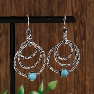 NEW SILVER THREE CIRCLES BOHO STYLE TURQUOISE HOOP FASHION EARRINGS